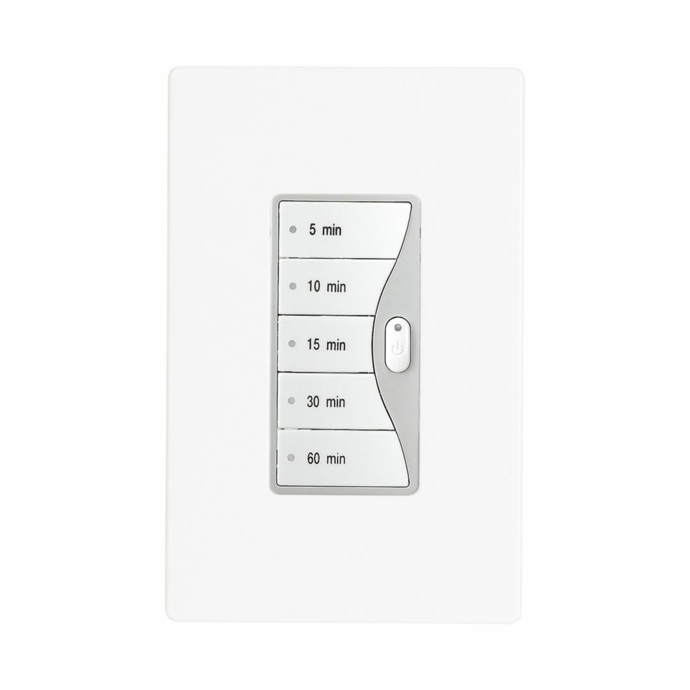 Eaton Aspire minute timer, 5, 10, 15, 30, and 60 minute default time settings, 15A, 120V, Wire leads, Five button, White satin, Load type: Incandescent, halogen, MLV, ELV, fluorescent, CFL, LED, Single-pole, Polycarbonate, 1800W