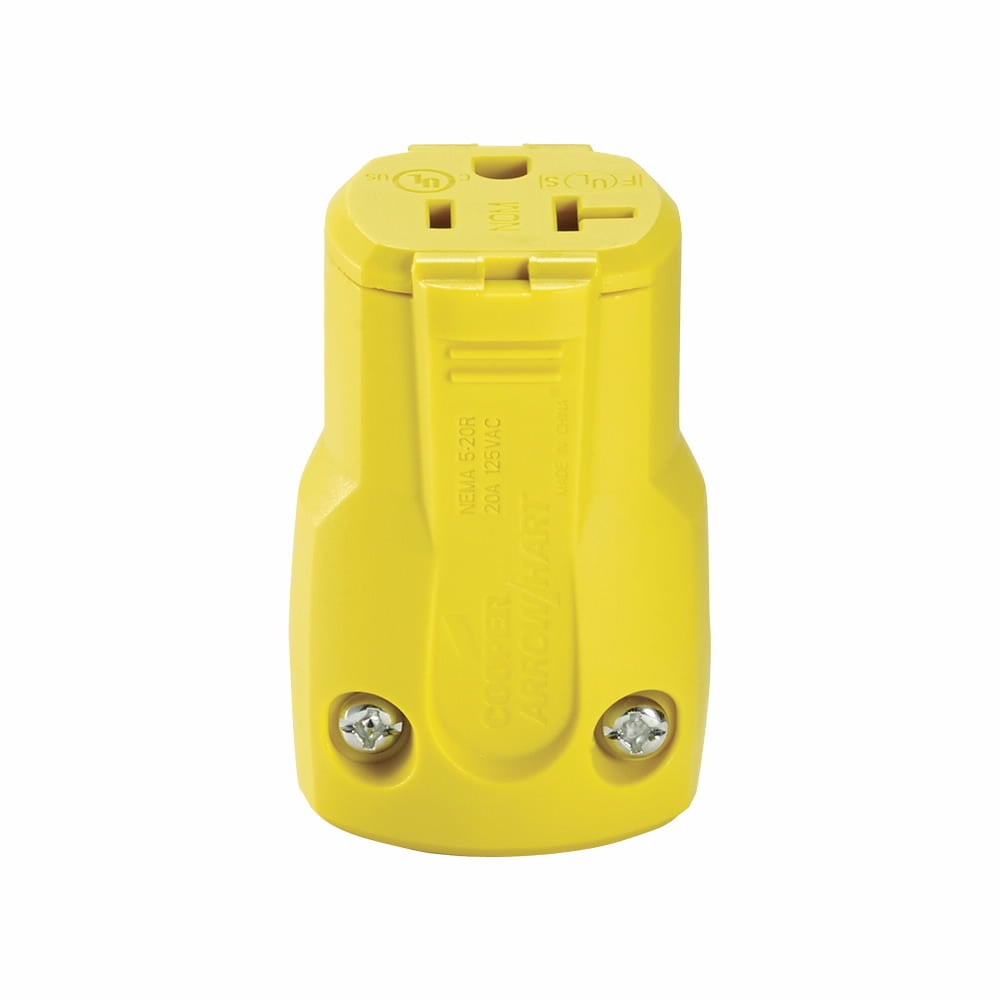 Eaton Arrow Hart quick grip straight blade connector, #16-12 AWG, 20A, Industrial, 125V, Back wire, Yellow, Brass, Polycarbonate with thermoplastic housing, 5-20R, Two-pole, three-wire, grounding, Screw, 0.33-0.66", Nylon, Core pack