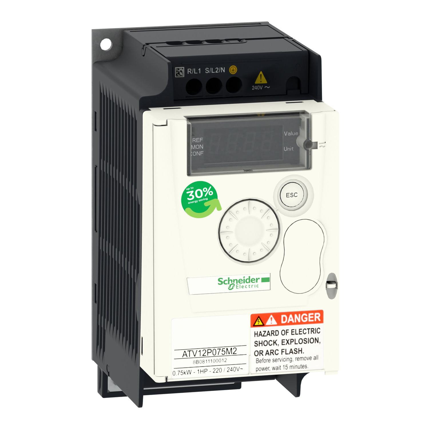 ATV12P075M2 Altivar 12 3-Phase AC Variable Speed Drive With Integrated EMC Filter, 230 V AC, 4.2 A, 1 hp, 2.83 in W x 4.02 in D