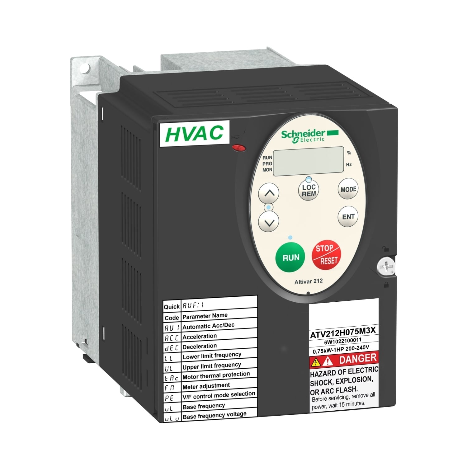 ATV212H075N4 Altivar 3-Phase AC Variable Speed Drive With Heat Sink, 400/480 V AC, 2.2 A, 1 hp, 4.21 in W x 5.91 in D