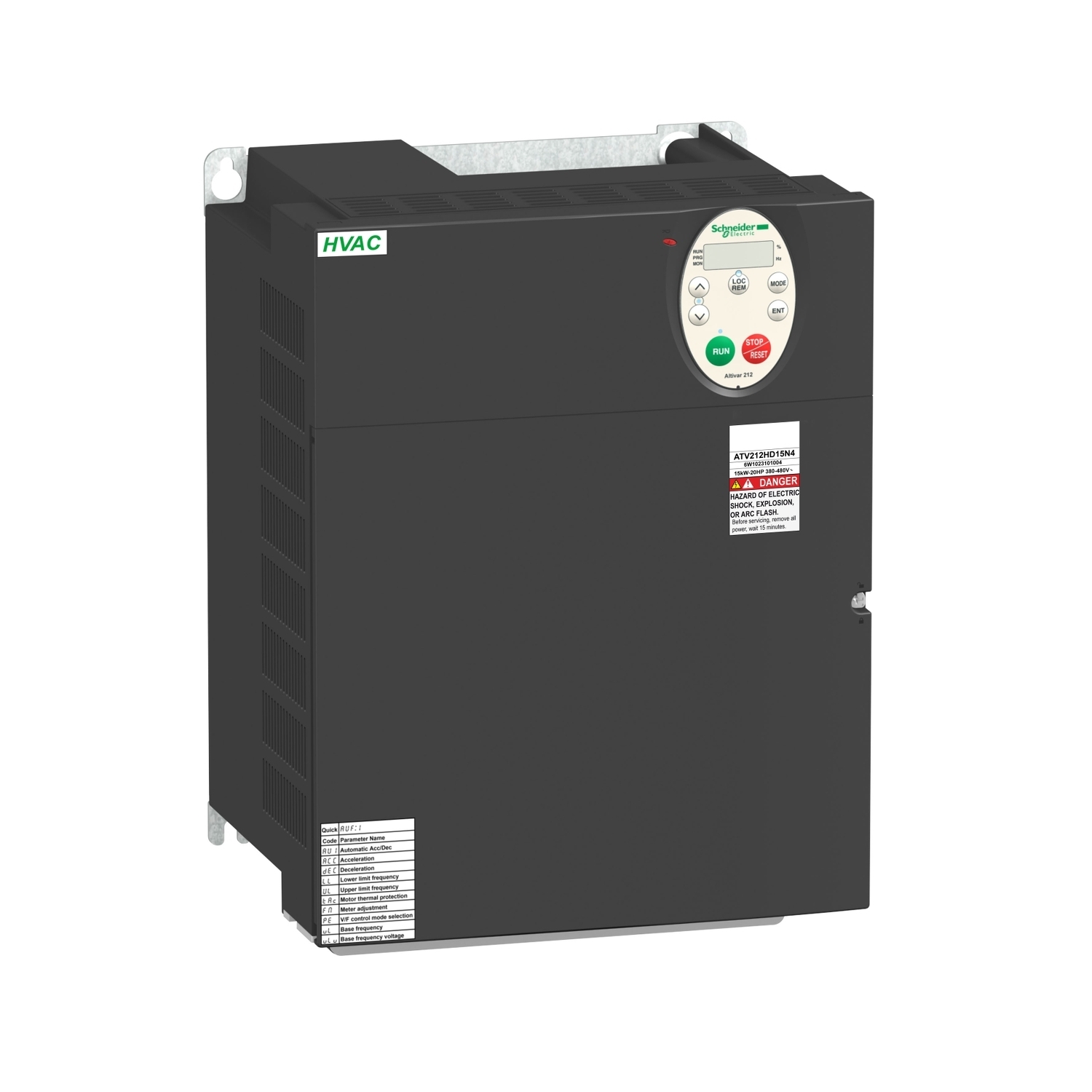 ATV212HD15N4 Altivar 3-Phase AC Variable Speed Drive With Heat Sink, 400 to 480 V AC, 22.8/28.5 A, 20 hp, 9.65 in W x 7.48 in D