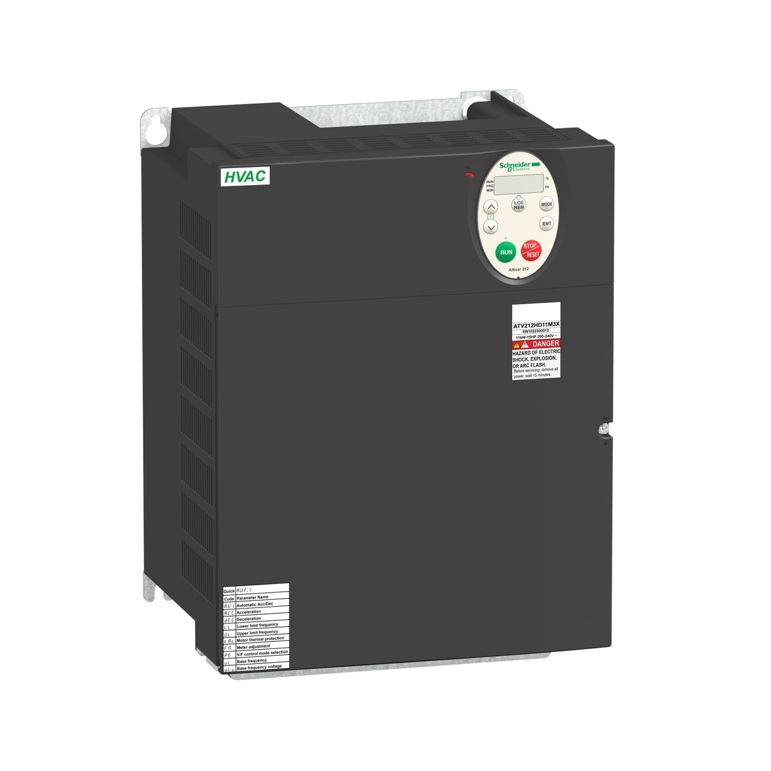ATV212HD18M3X Altivar 3-Phase Type 12 Variable Speed Drive, 200/240 VAC, 74.8 A, 25 hp, 9.65 in W x 7.48 in D