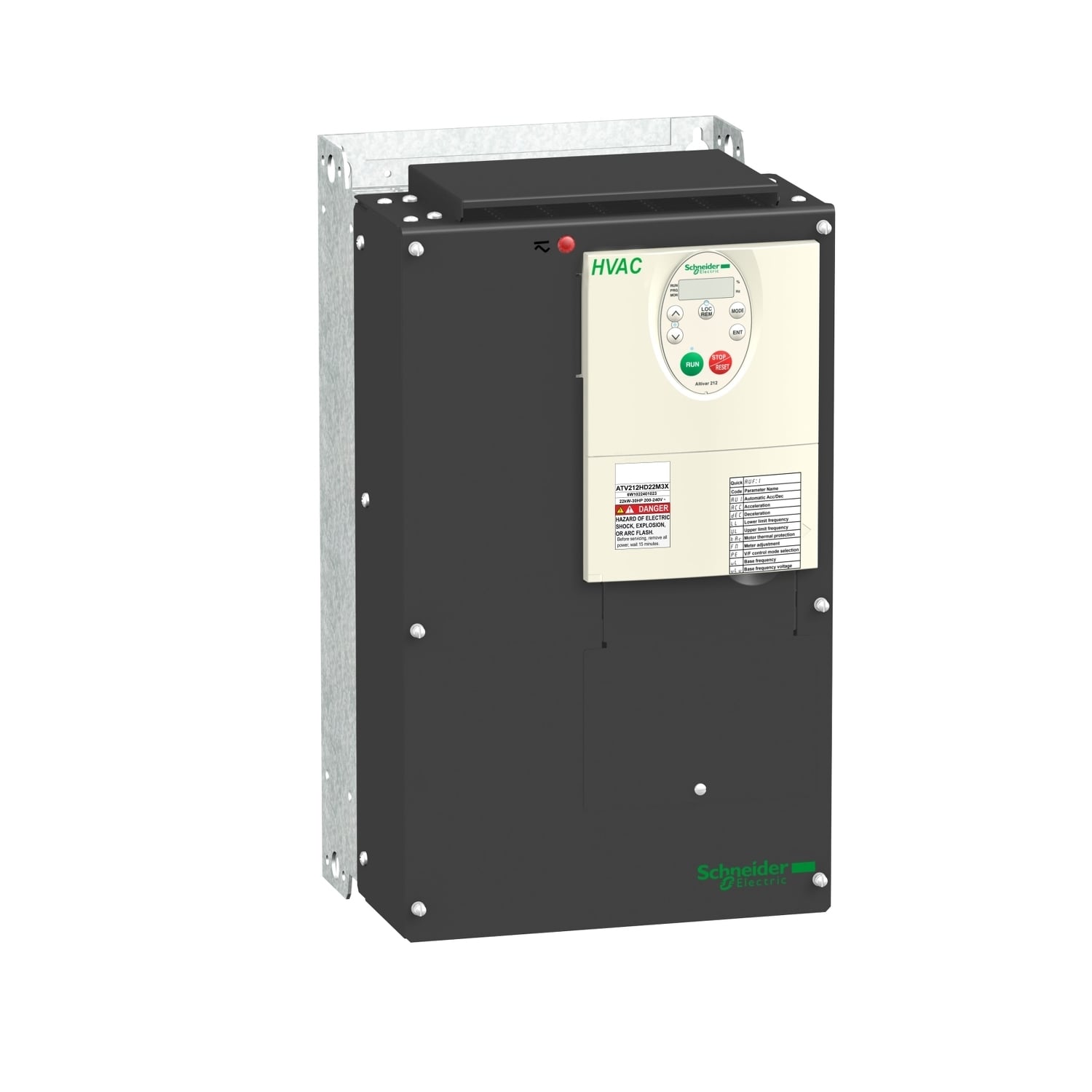 ATV212HD22M3X Altivar 3-Phase Type 12 Variable Speed Drive, 200/240 VAC, 88 A, 30 hp, 9.45 in W x 8.43 in D