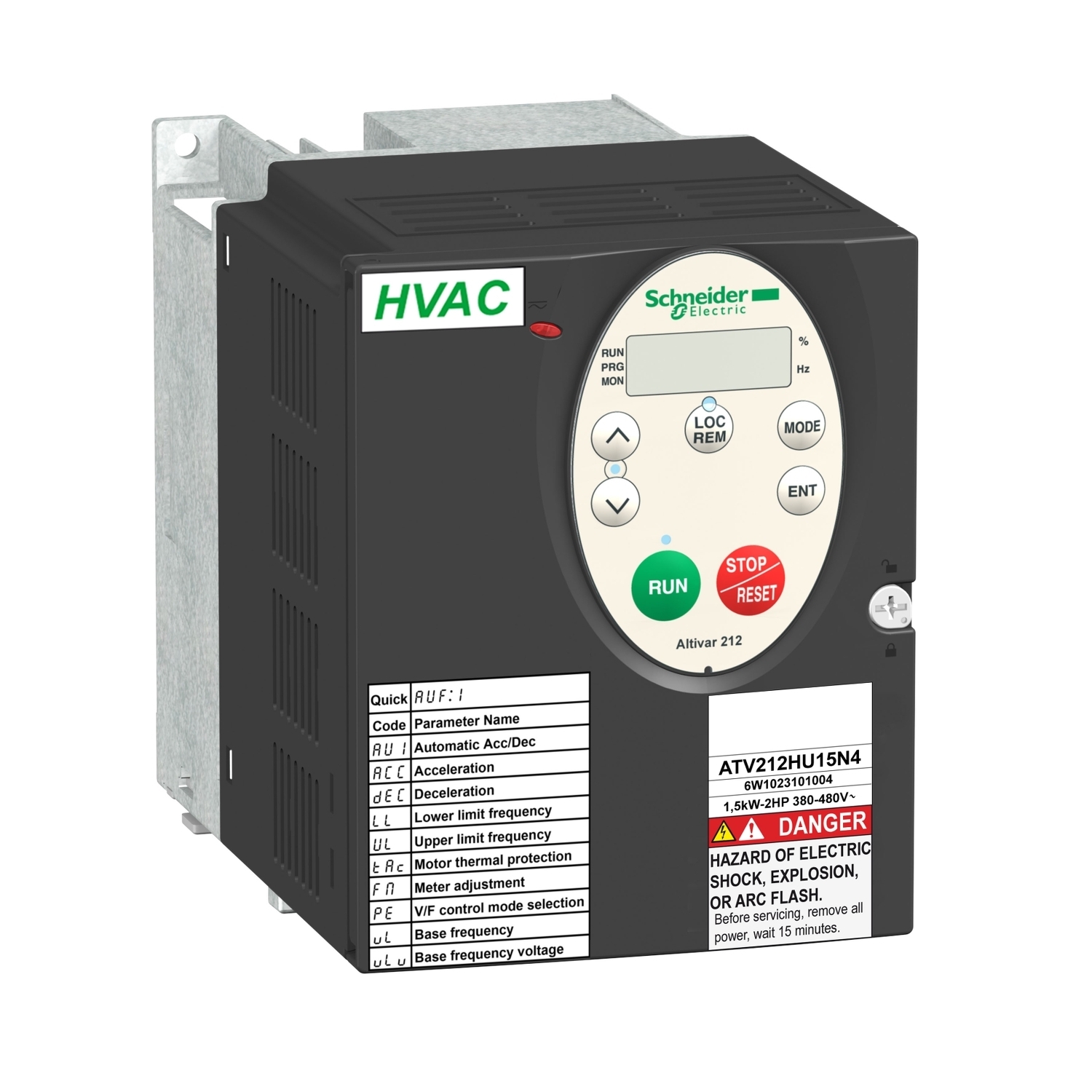 ATV212HU15N4 Altivar 3-Phase AC Variable Speed Drive, 400/480 V AC, 3.7 A, 2 hp, 107 mm W x 150 mm D