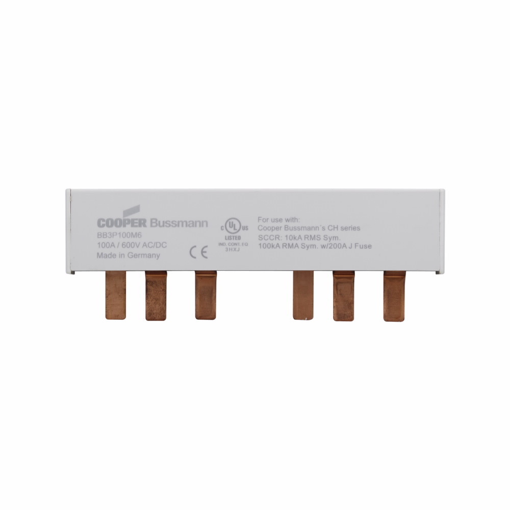 BB3P100M9 3-Phase 9-Pin Modular Combination Busbar With Assembled End Cap, For Use With PV Series Class J/CC/Supplemental Non-Indicating Fuse, 600 V AC/DC, 100 A