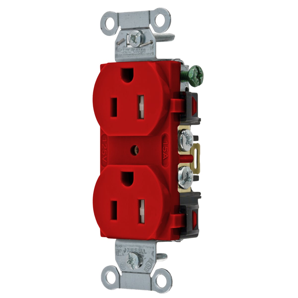 BR15RTR 1-Phase Duplex Standard Tamper-Resistant Traditional Screw Mount Straight Blade Receptacle, 125 VAC, 15 A, 2 Poles, 3 Wires, Red