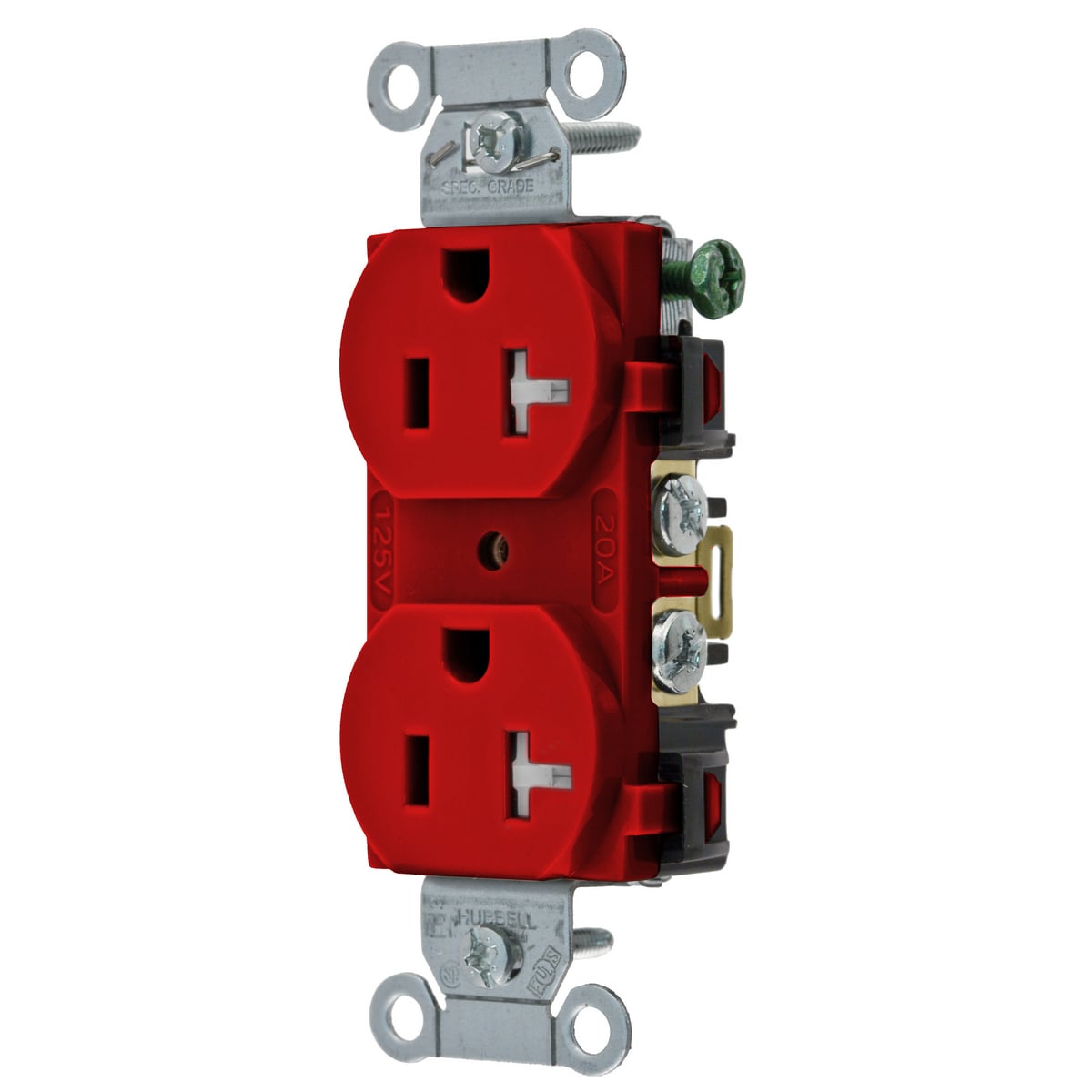 BR20RTR 1-Phase Duplex Standard Tamper-Resistant Traditional Screw Mount Straight Blade Receptacle, 125 V AC, 20 A, 2 Poles, 3 Wires, Red