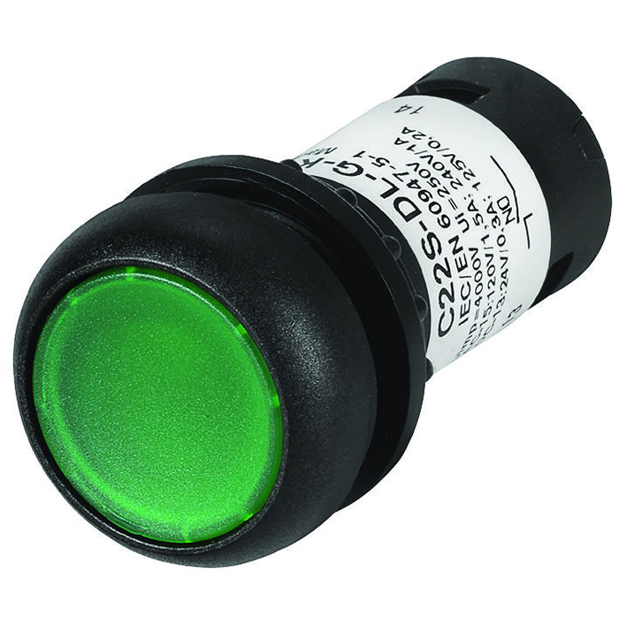 C22S-DL-G-K10-120 RMQ C22 Compact Illuminated Pushbutton, 22.5 mm, 1NO Contact, Flush Operator, Green