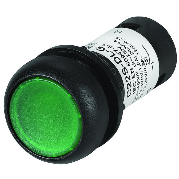 C22S-DL-G-K10-230 RMQ C22 Compact Illuminated Pushbutton, 22.5 mm, 1NO Contact, Flush Operator, Green