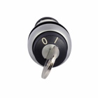 C22, 22.5 mm Compact Pushbutton Selector Switch, Non-Illuminated, Key Operated, Silver Bezel, Maintained, key removal left 40?, Button: Black, 1NO, 2-position