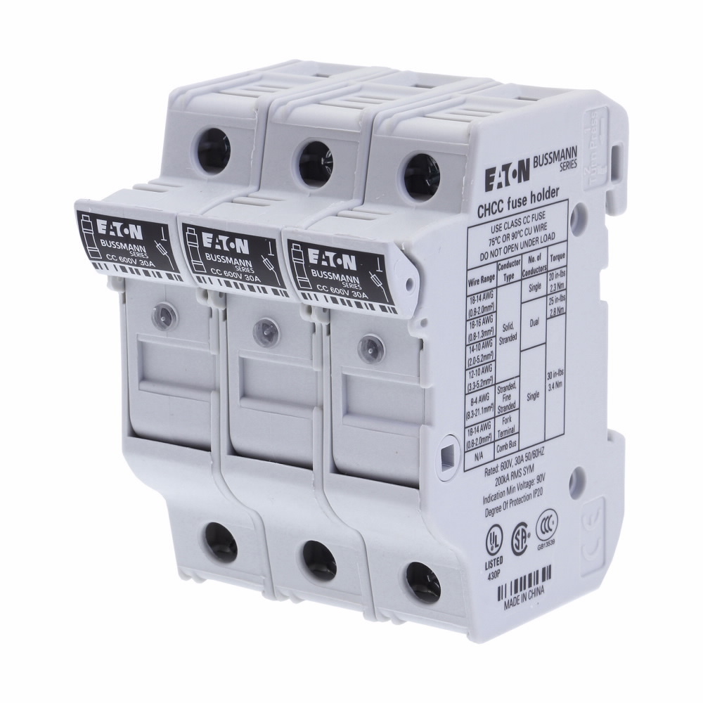 CHCC3DIU Finger Safe Modular Fuse Holder With LED Indicator, 600 V DC, 30 A, 18 to 4 AWG Wire, 3 Poles