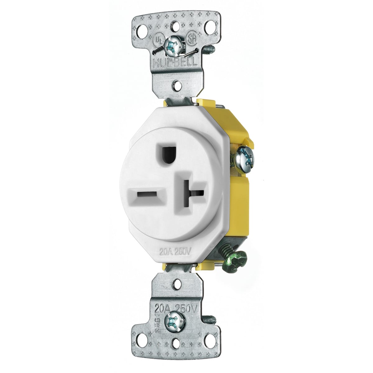 CR205W 1-Phase Single Self-Grounding Standard Screw Mount Straight Blade Receptacle, 250 V AC, 20 A, 2 Poles, 3 Wires, White