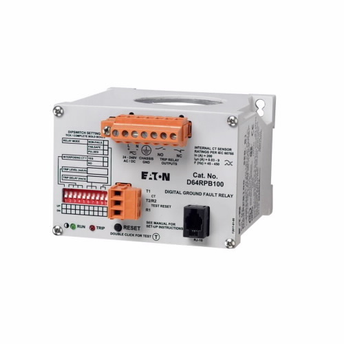 D64RPB100 Digital Full Featured Ground Fault Relay, 24 to 240 V AC/DC, 20 ms to 5 s, 45 to 450 Hz, 30 m A to 9 A Trip Current, 500:1 Current Transformer, Pushbutton or RJ-11 Communications Port, 2 in Built-in Current Sensor