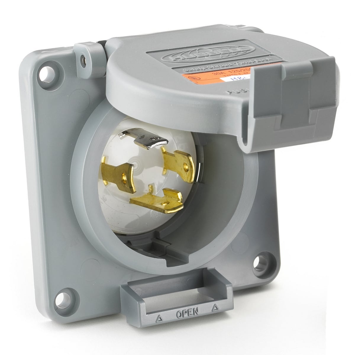 HBL2725SWR 3-Phase Grounding Heavy Duty Standard Watertight Screw Mount Flanged Inlet, 250 V AC, 30 A, 3 Poles, 4 Wires, Gray/White