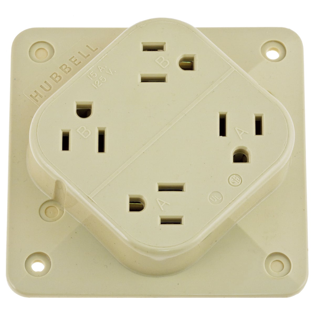 HBL415IV 1-Phase 4-in-1 Grounding Standard Screw Mount Straight Blade Receptacle, 125 V AC, 15 A, 2 Poles, 3 Wires, Ivory