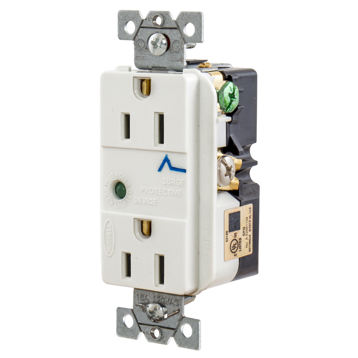HBL5260WSA Decorator Duplex Specification Grade Standard Surge Protection Receptacle, 125 V AC, 15 A, 60 Hz, 1 Phase