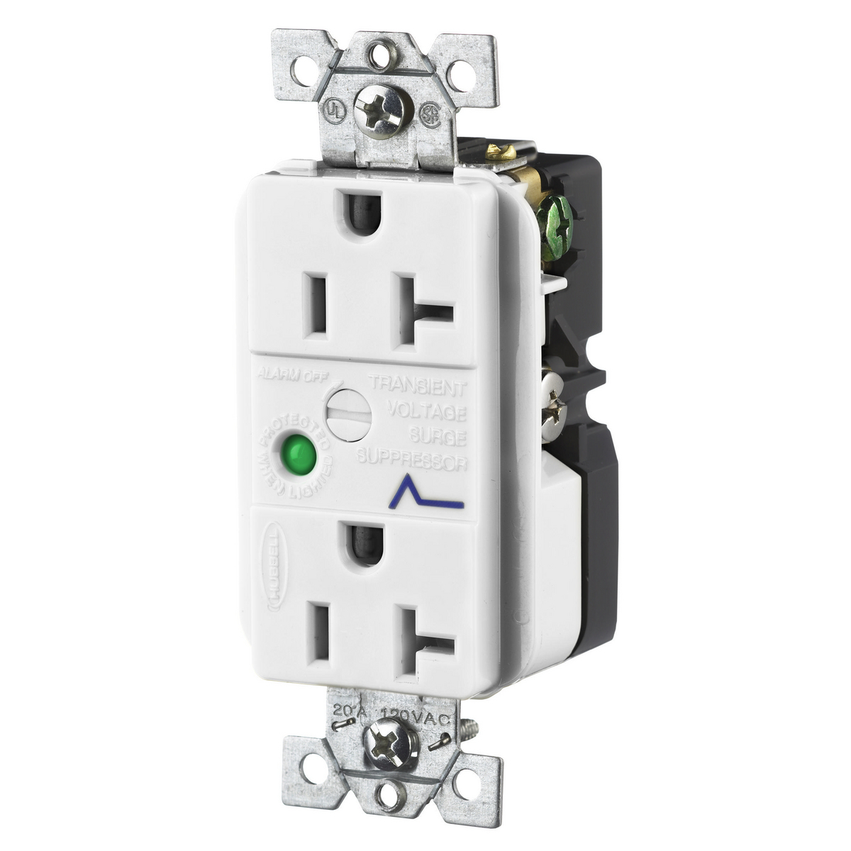 HBL5360WSA Duplex Grounding Specification Grade Standard Tvss Receptacle, 125 V AC, 20 A, 60 Hz, 1 Phase