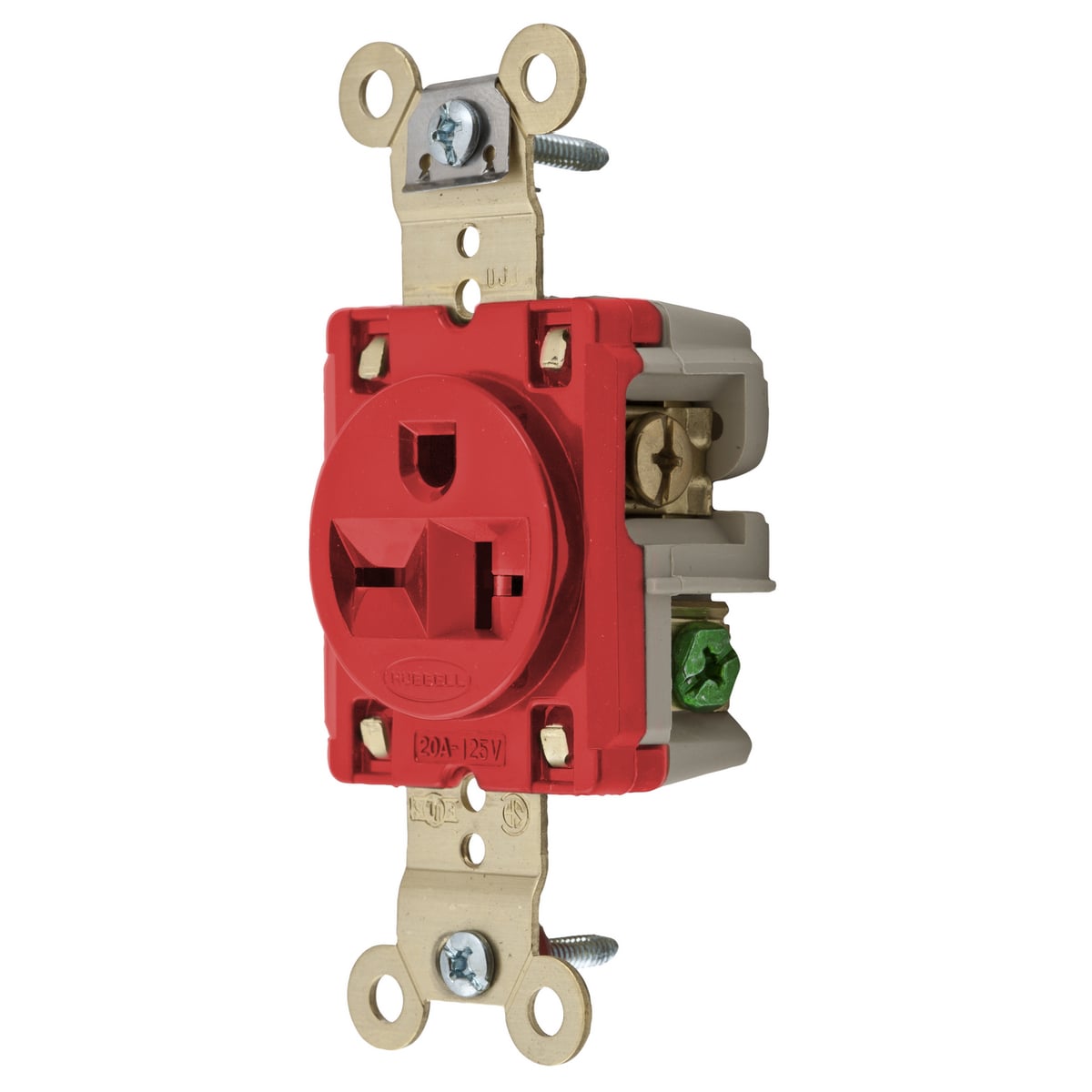 HBL5461R 1-Phase Grounding Heavy Duty Single Screw Mount Straight Blade Receptacle, 250 V AC, 20 A, 2 Poles, 3 Wires, Red