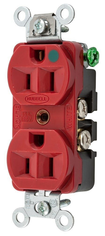 HBL8200HRED 1-Phase Duplex Extra Heavy Duty Grounding Screw Mount Straight Blade Receptacle, 125 V AC, 15 A, 2 Poles, 3 Wires, Red