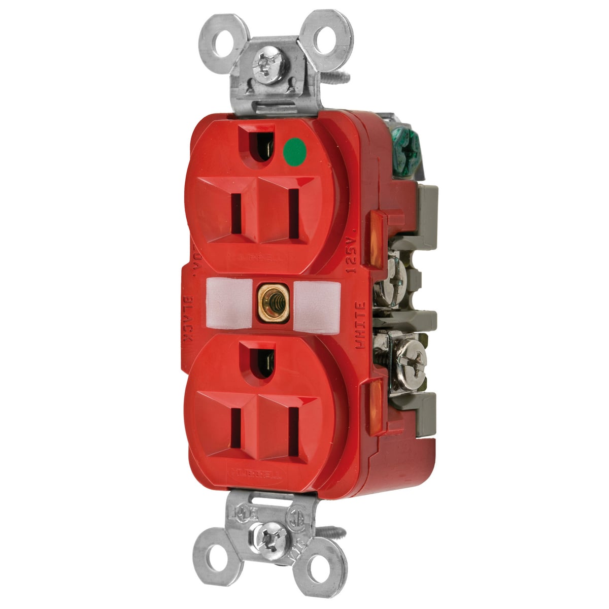 HBL8200RED 1-Phase Duplex Extra Heavy Duty Grounding Screw Mount Straight Blade Receptacle, 125 V AC, 15 A, 2 Poles, 3 Wires, Red