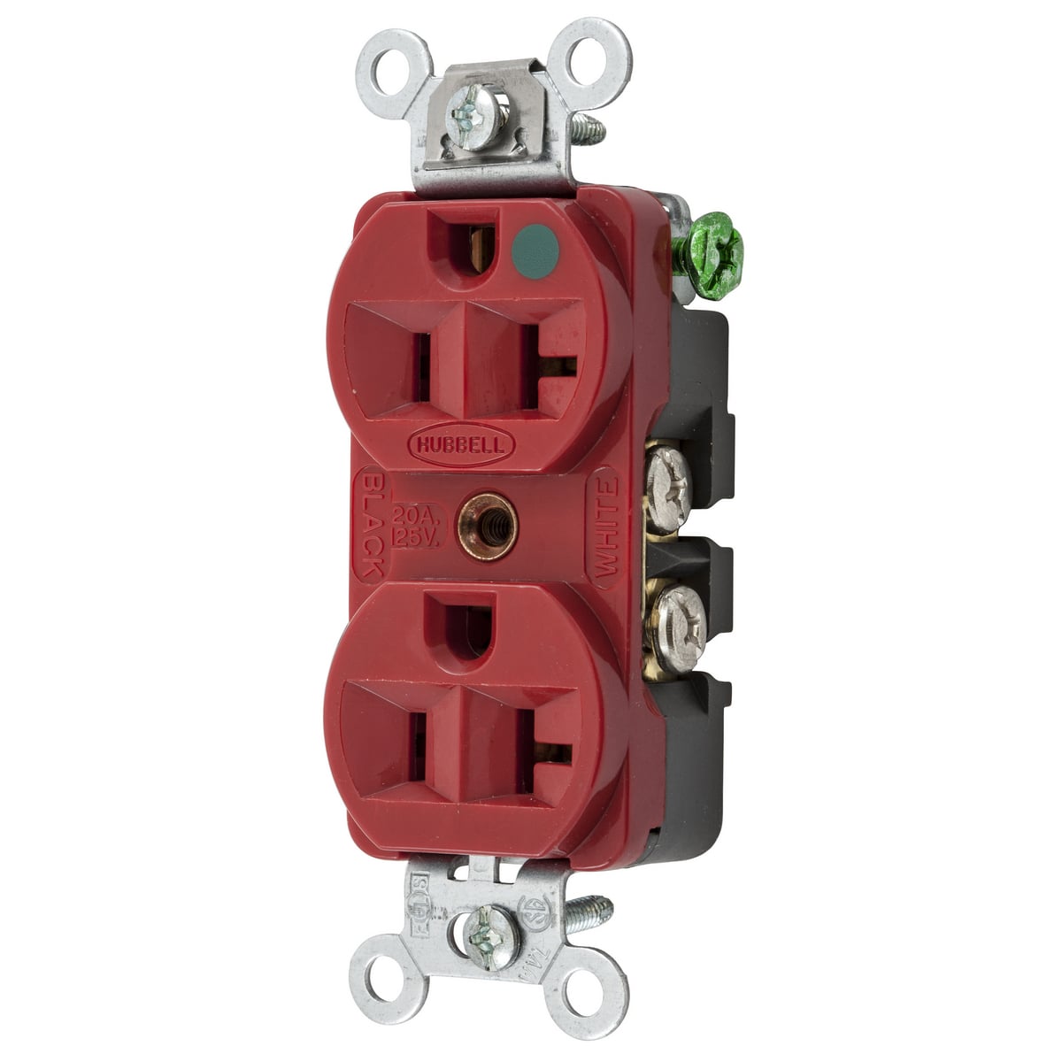HBL8300HRED HBL 1-Phase Duplex Extra Heavy Duty Grounding Standard Traditional Screw Mount Straight Blade Receptacle, 125 V AC, 20 A, 2 Poles, 3 Wires, Red
