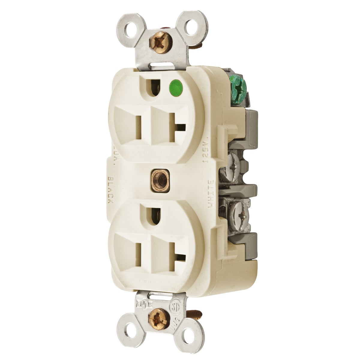 HBL8300IMRI 1-Phase Duplex Grounding MRI Version Standard Traditional Screw Mount Straight Blade Receptacle, 125 V AC, 20 A, 2 Poles, 3 Wires, Ivory