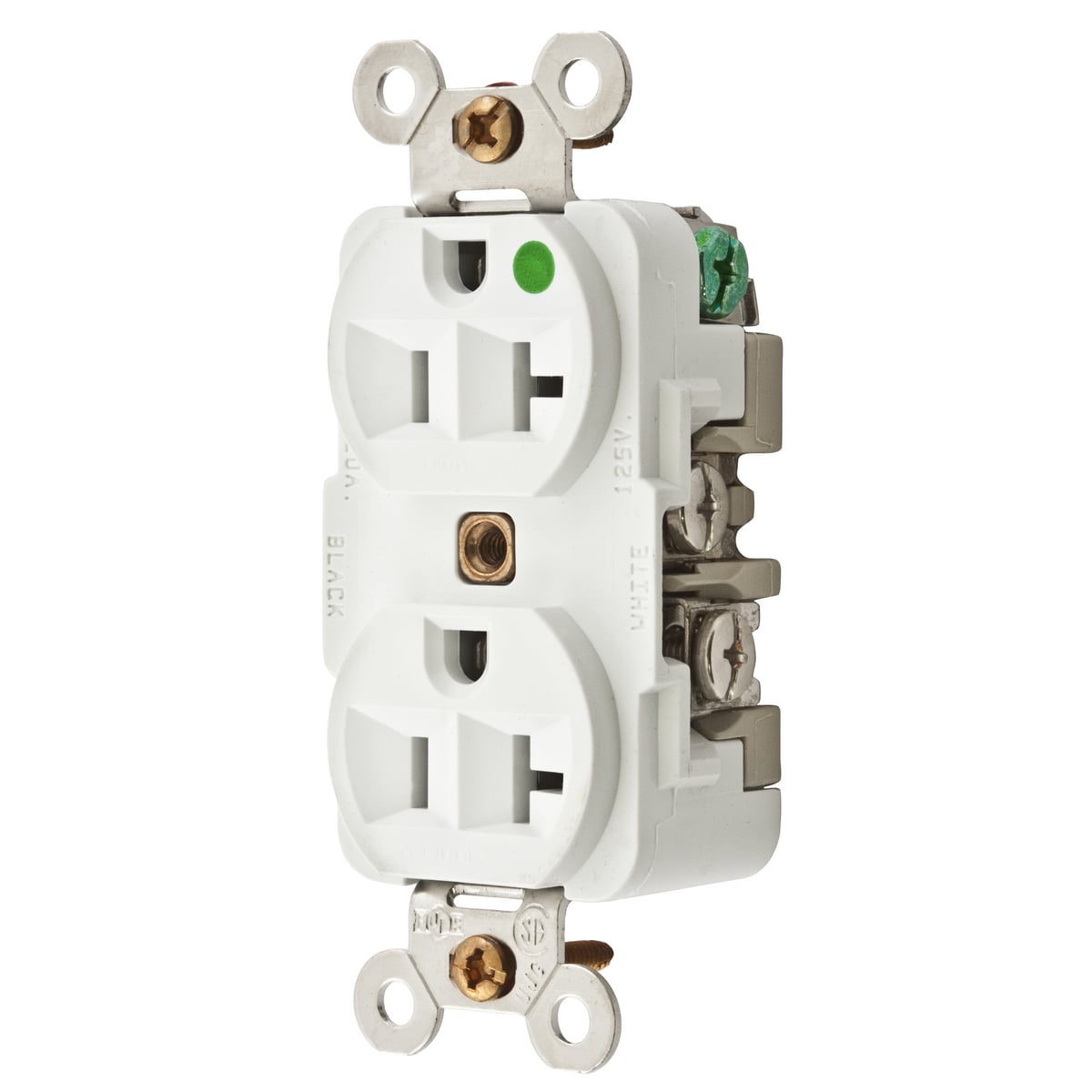 HBL8300WMRI 1-Phase Duplex Grounding MRI Version Standard Traditional Screw Mount Straight Blade Receptacle, 125 V AC, 20 A, 2 Poles, 3 Wires, White
