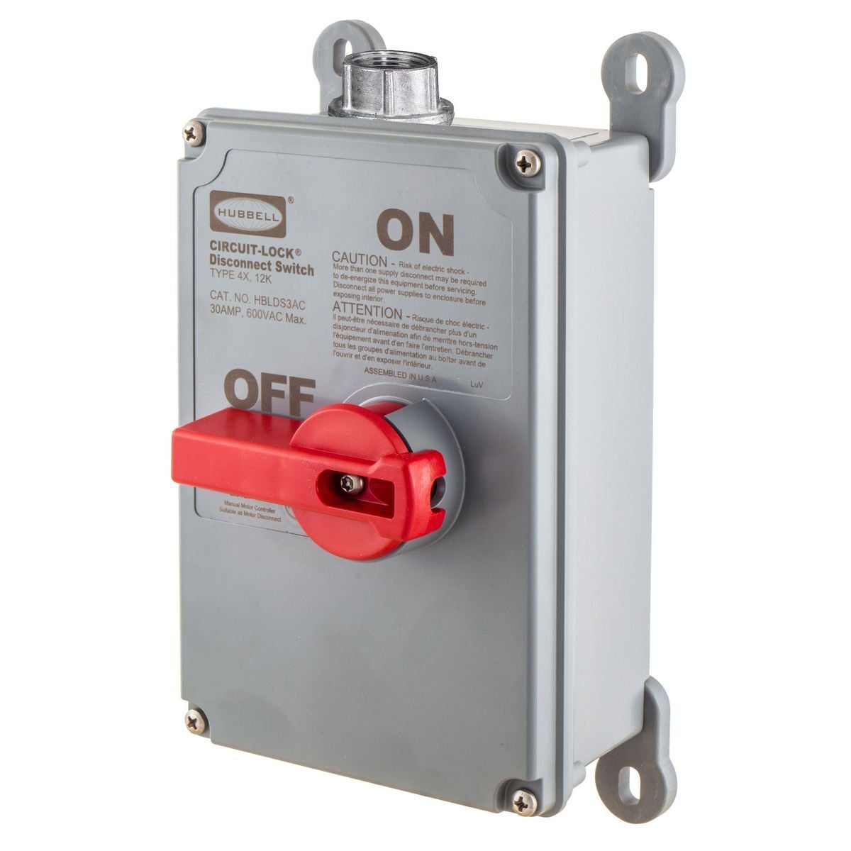 HBLDS3VFD 2-Position Industrial Grade Labelless Non-Metallic Standard Unfused Disconnect Switch, 600 V, 30 A, 15 hp, 2-Position Contact, 3 Poles