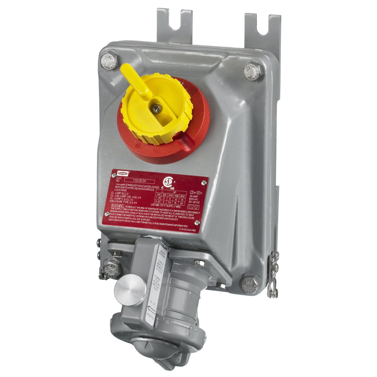 HBLVSQ3034 1-Phase Unfused Mechanical Screw Mount Interlock Receptacle, 600 V AC, 30 A, 3 Poles, 4 Wires, Gray