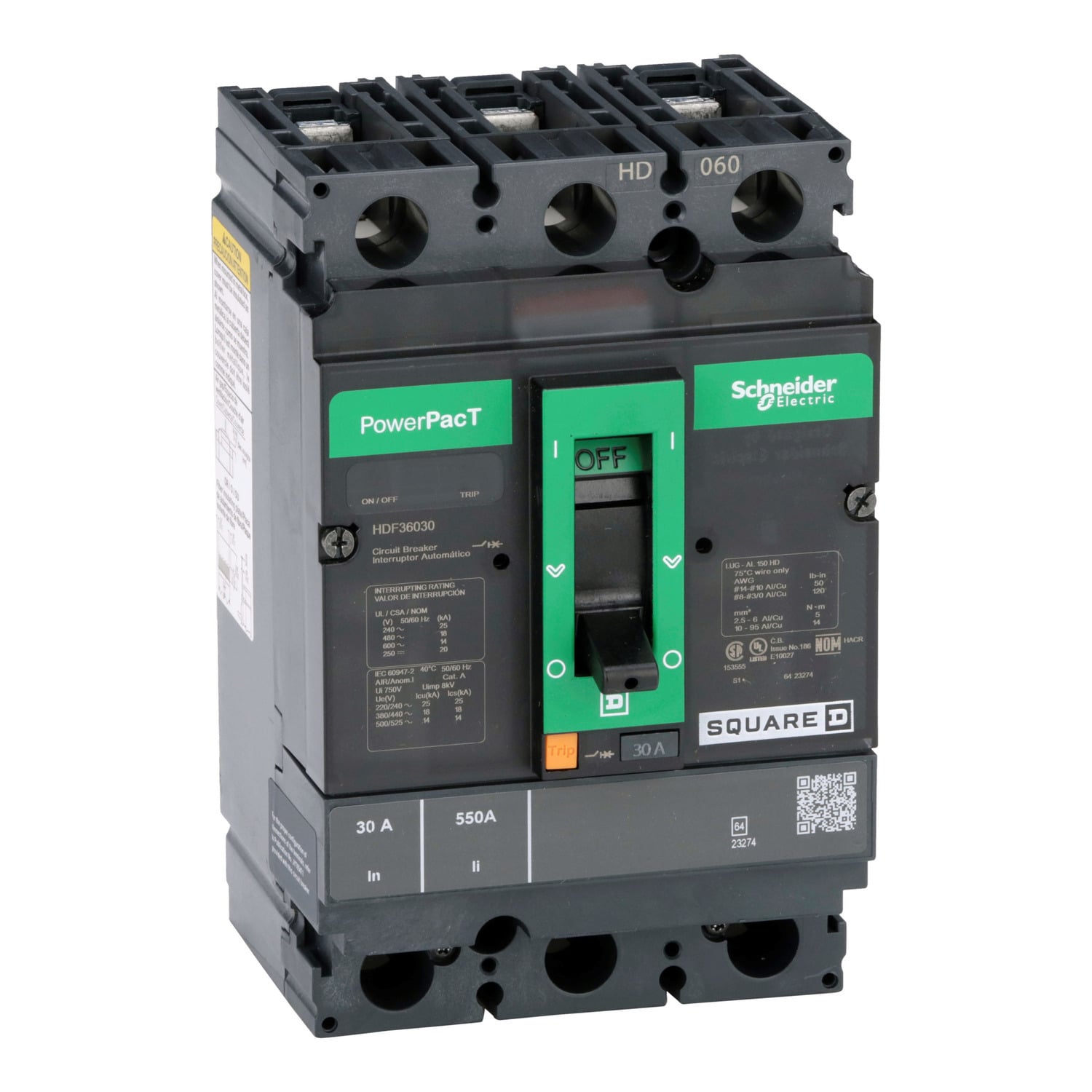 HDF36030 I-Line PowerPact Type HDF H Molded Case Circuit Breaker, 600 VAC, 250 VDC, 30 A, 18/14/20/25 kA Interrupt, 3 Poles, Thermal Magnetic Trip