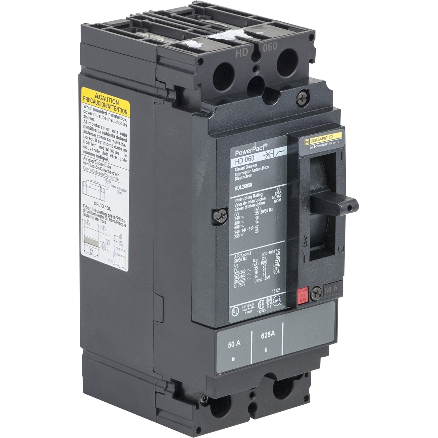 HDL26045 I-Line PowerPact Type HDL Molded Case Circuit Breaker, 600 V AC/250 V DC, 45 A, 25 kA at 240 VAC/18 kA at 480 VAC/14 kA at 600 VAC/20 kA at 250 VDC Interrupt, 2 Poles, Thermal Magnetic Trip