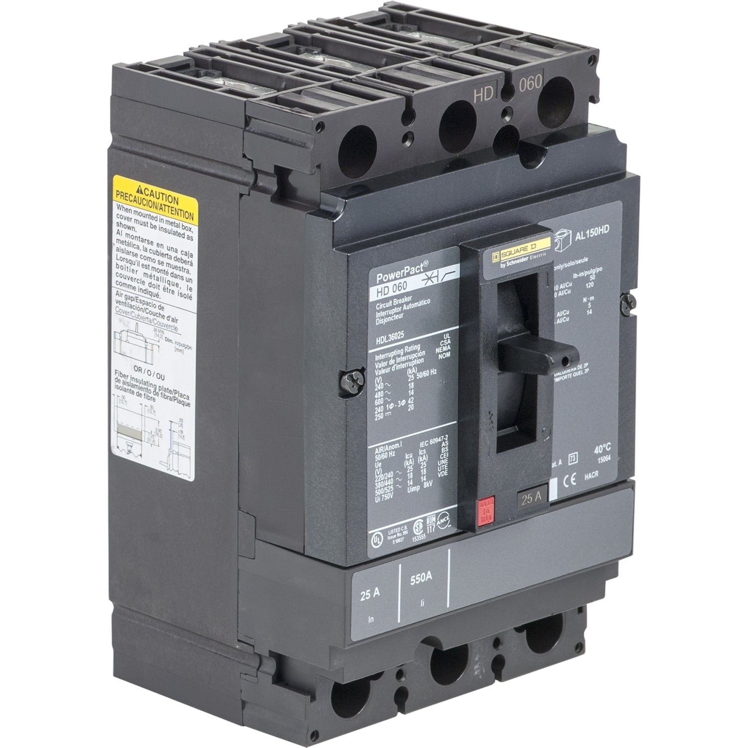 HDL36060C I-Line PowerPact H Type HDL Molded Case Circuit Breaker, 600 VAC, 250 VDC, 60 A, 18/14/20/25 kA Interrupt, 3 Poles, Thermal Magnetic Trip