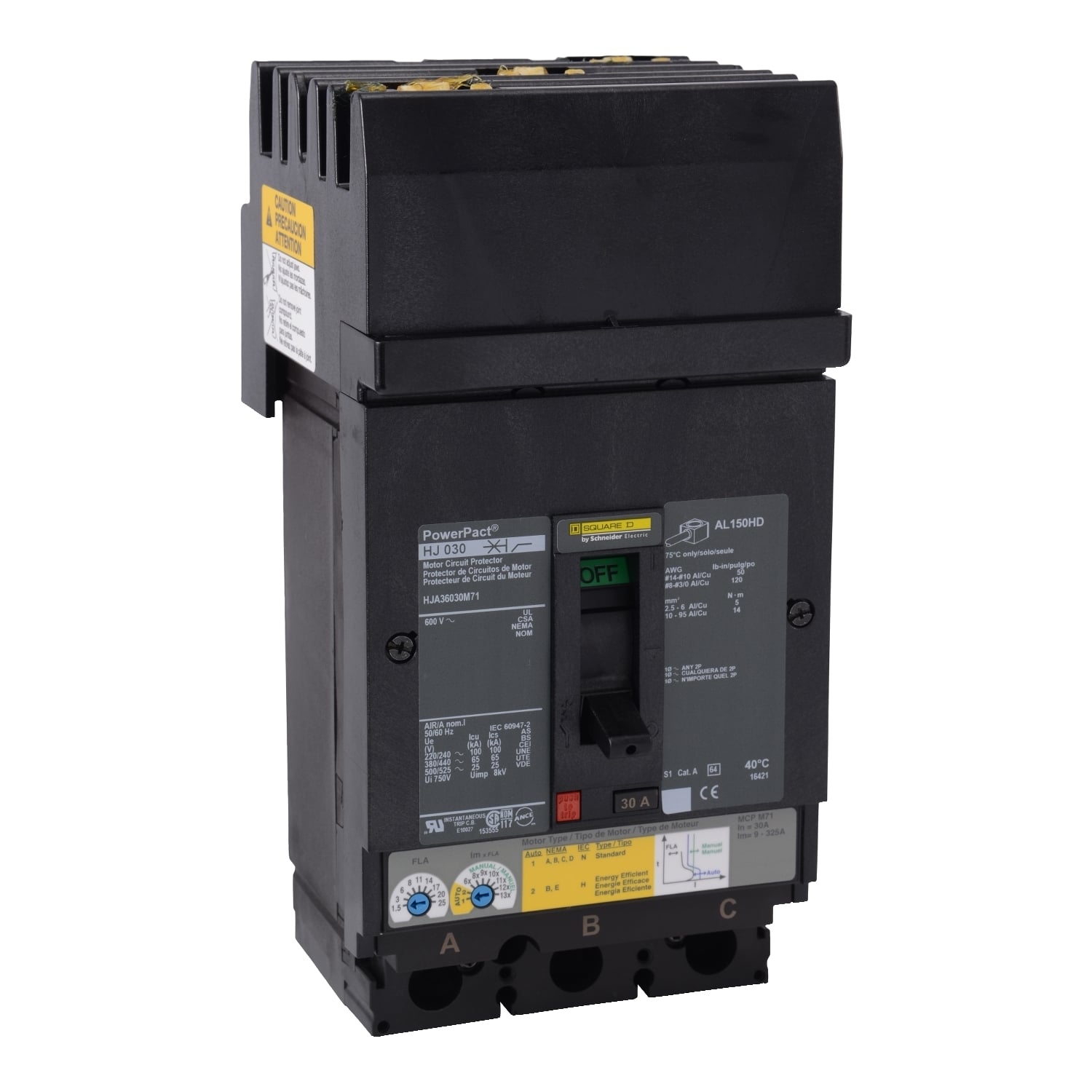 Motor circuit protector, PowerPacT H, 30A, 3 pole, 600VAC, 25kA, I-Line, thermal magnetic, 80%, ABC