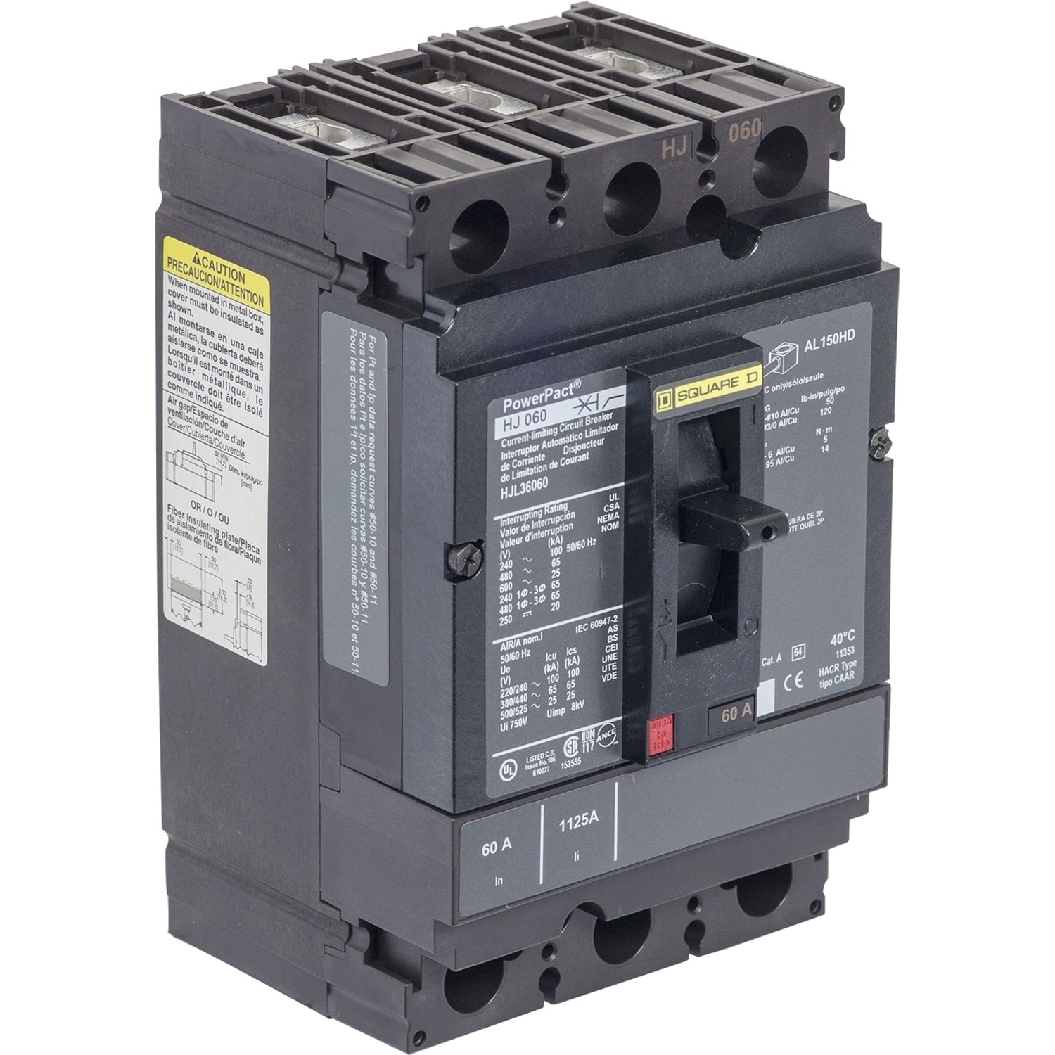 HJL36050C PowerPact Type HJL Molded Case Circuit Breaker, 600 VAC, 250 VDC, 50 A, 20/25/65/100 kA Interrupt, 3 Poles, Thermal Magnetic Trip