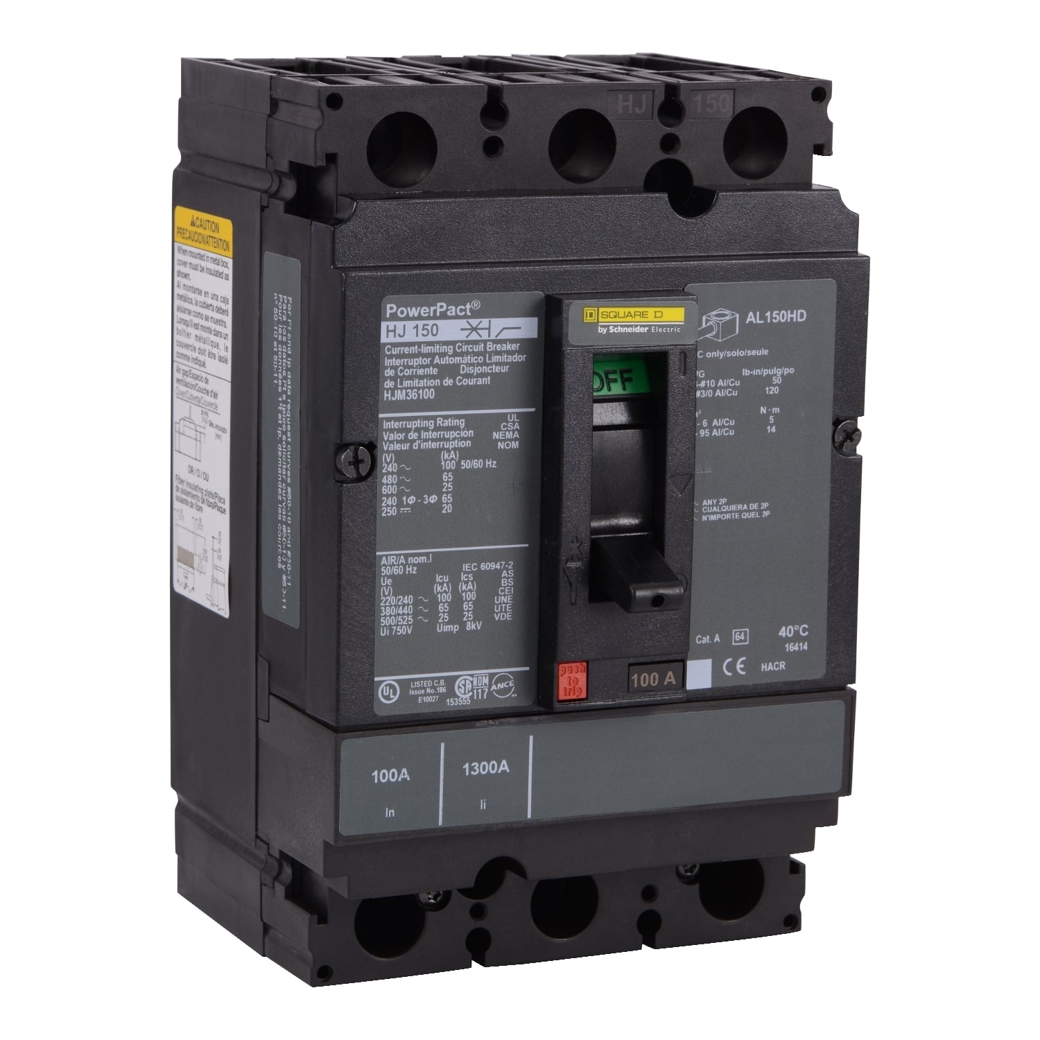 HJM36100 PowerPact Type HJM Molded Case Circuit Breaker, 600 VAC, 250 VDC, 100 A, 20/25/65/100 kA Interrupt, 3 Poles, Thermal Magnetic Trip