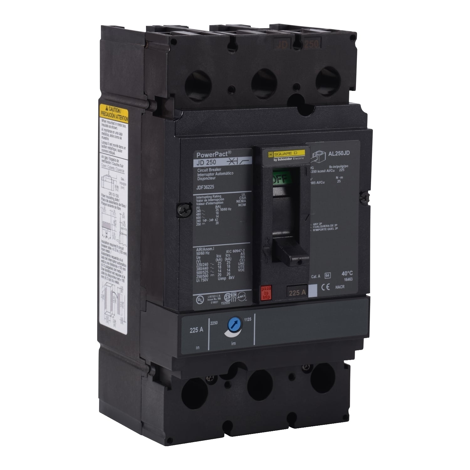 JDF36175 Molded Case Circuit Breaker, 600 V AC, 175 A, 25 kA at 240 V AC/18 kA at 480 V AC/14 kA at 600 V AC/20 kA at 250 VDC Interrupt, 3 Poles, Thermal Magnetic Trip