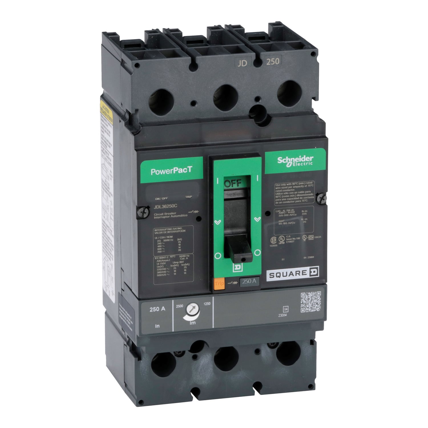JDL36250C PowerPact Type JDL Molded Case Circuit Breaker, 600 V AC/250 V DC, 250 A, 25 kA at 240 VAC/18 kA at 480 VAC/14 kA at 600 VAC/20 kA at 250 VDC Interrupt, 3 Poles, Thermal Magnetic Trip