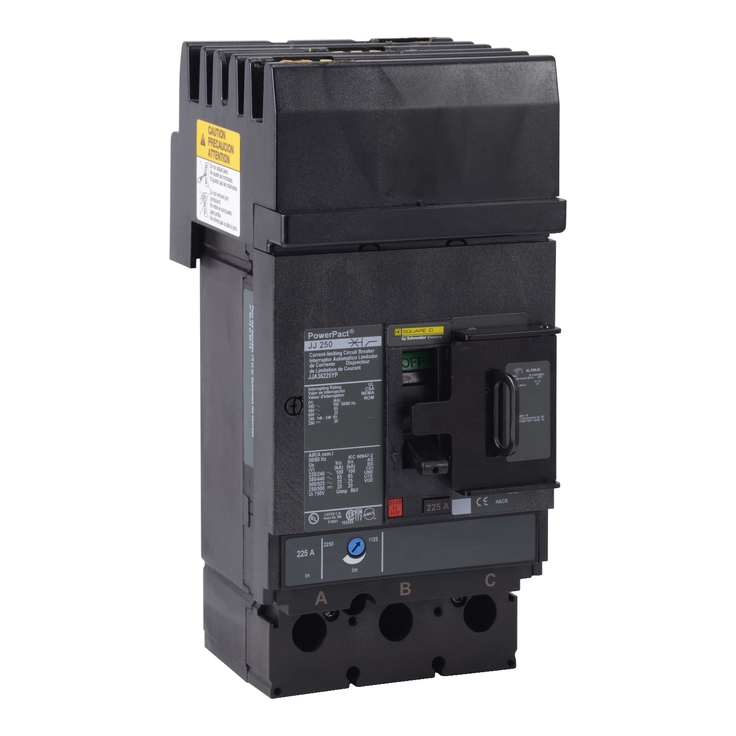 JJA36225YP I-Line PowerPact Type JJA Molded Case Circuit Breaker, 600 V AC/250 V DC, 225 A, 20/100/65/25 kA Interrupt, 3 Poles, Thermal Magnetic Trip