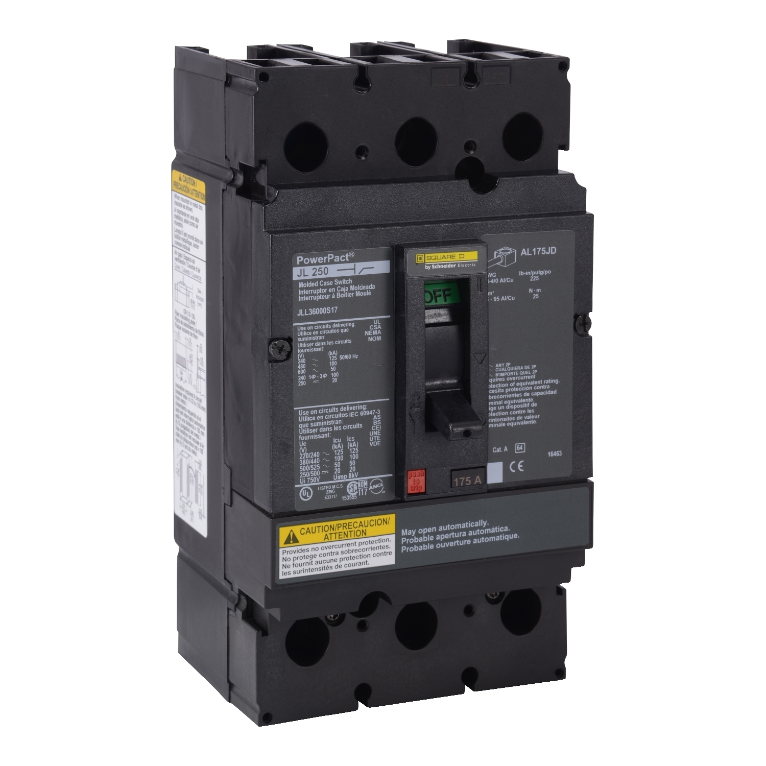 JLL36000S17 Molded Case Circuit Breaker, 175 Amp, 3 Pole, 600V