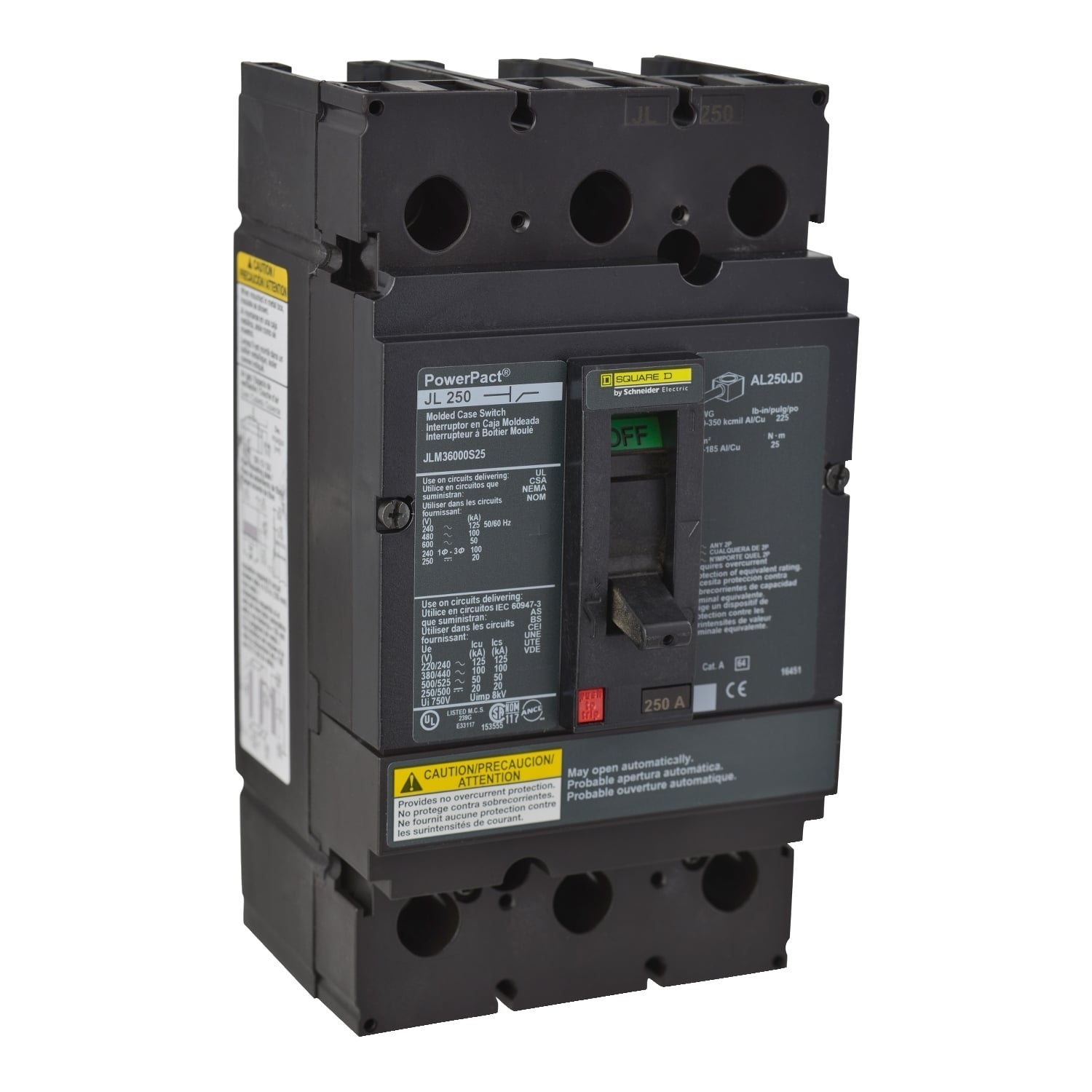 JLM36000S25 PowerPact Automatic Molded Case Circuit Breaker, 600 V AC/250 V DC, 250 A, 125 kA at 240 VAC/100 kA at 480 VAC/50 kA at 600 VAC/20 kA at 250 VDC Interrupt, 3 Poles, Magnetic Trip