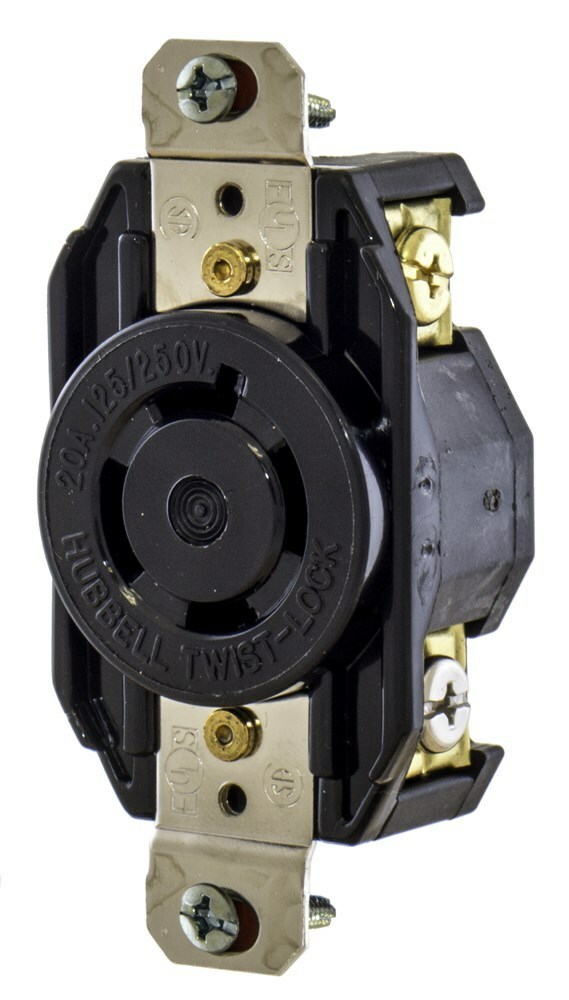 L2220R 3-Phase Female Heavy Duty Grounding Single Standard Screw Mount Locking Receptacle, 277/480 V AC, 20 A, 4 Poles, 5 Wires, Black