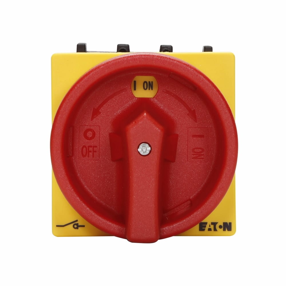 P1-32/EA/SVB Circuit Interrupter Rotary Disconnect Switch With Red Rotary Handle and Yellow Locking Ring, 600/690 V AC, 32 A, 15 hp, 0NO-0NC Contact Form, 3 Poles