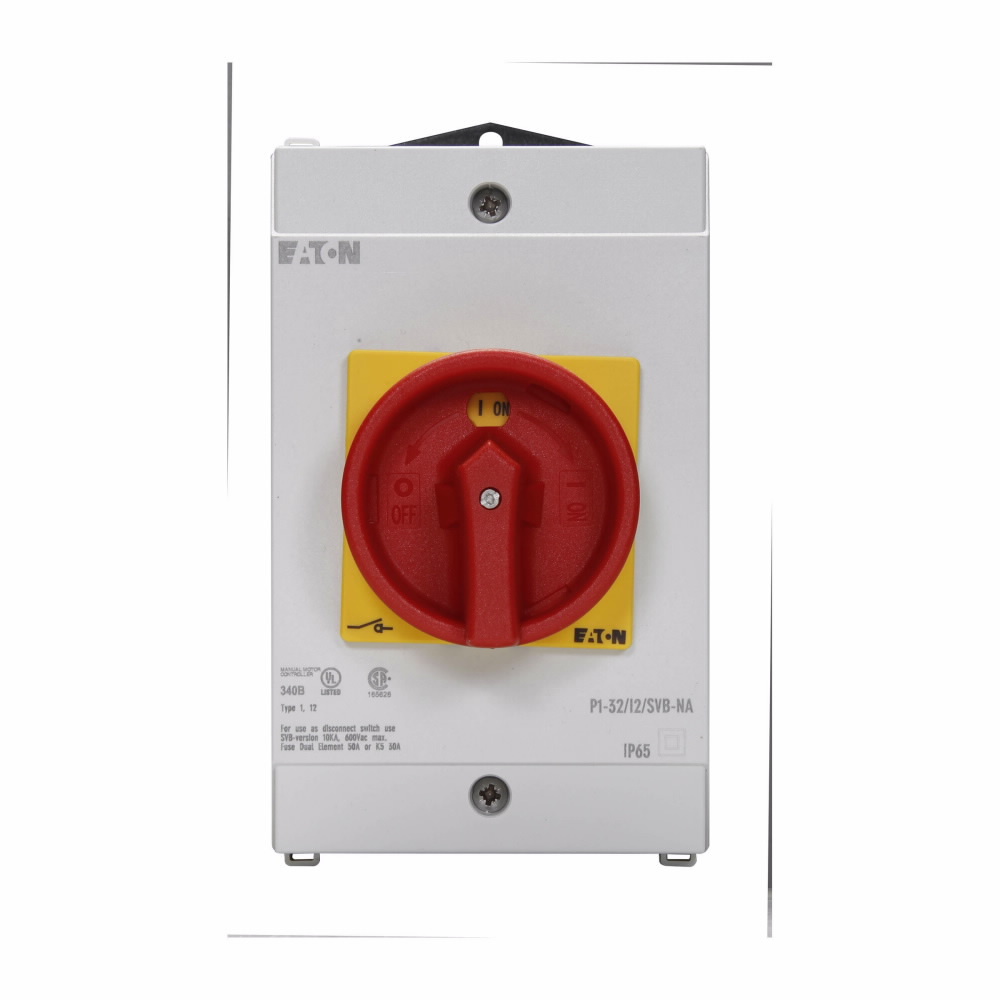 P1-32/I2/SVB-NA Main Rotary Disconnect Switch With Red Rotary Handle and Yellow Locking Ring, 600/690 V AC, 32 A, 15 hp, 3 Poles