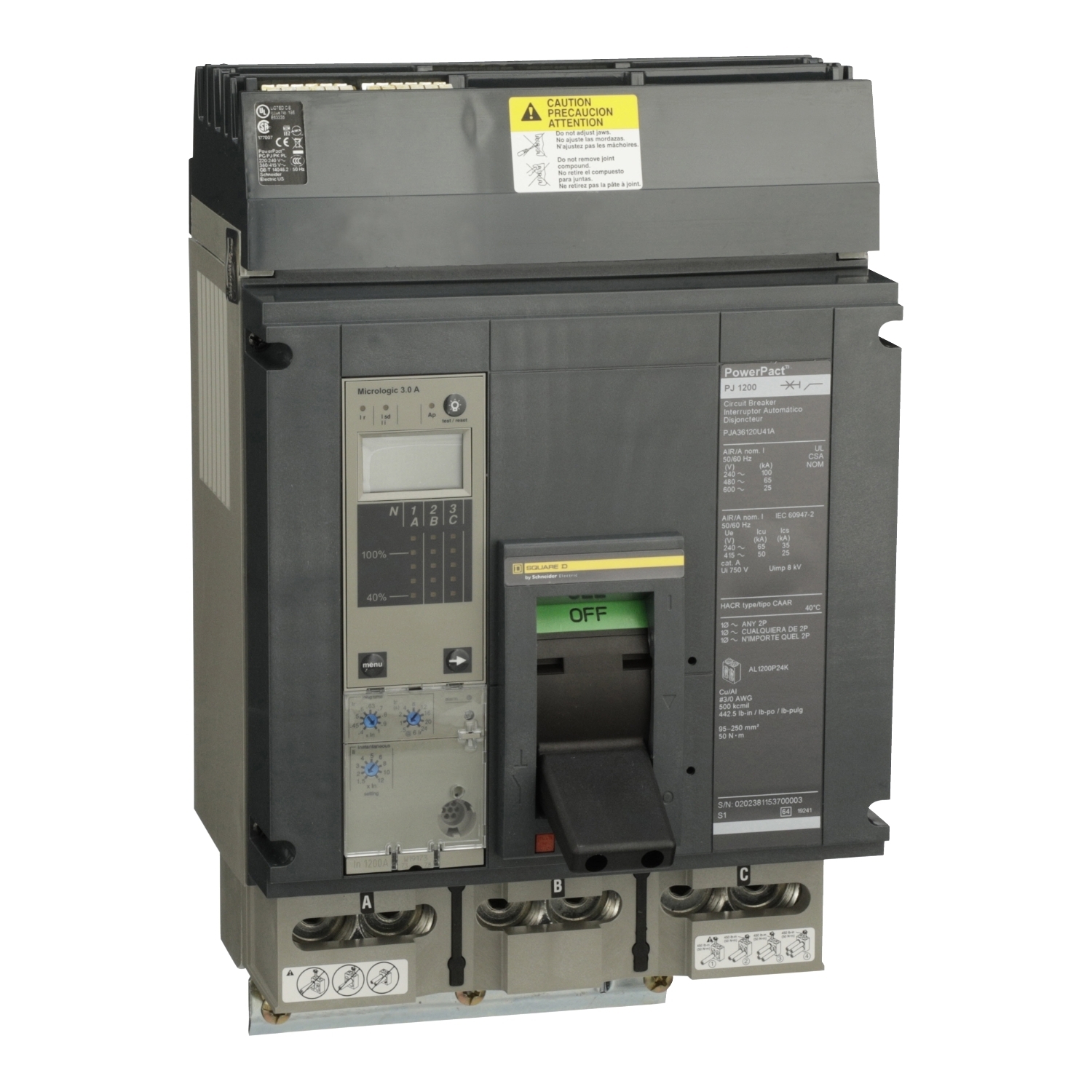 PJA36120U41A I-Line PowerPact Type PJA Molded Case Circuit Breaker, 600 V AC, 1200 A, 100 kA at 240 V AC/65 kA at 480 V AC/25 kA at 600 V AC Interrupt, 3 Poles, Electronic Trip