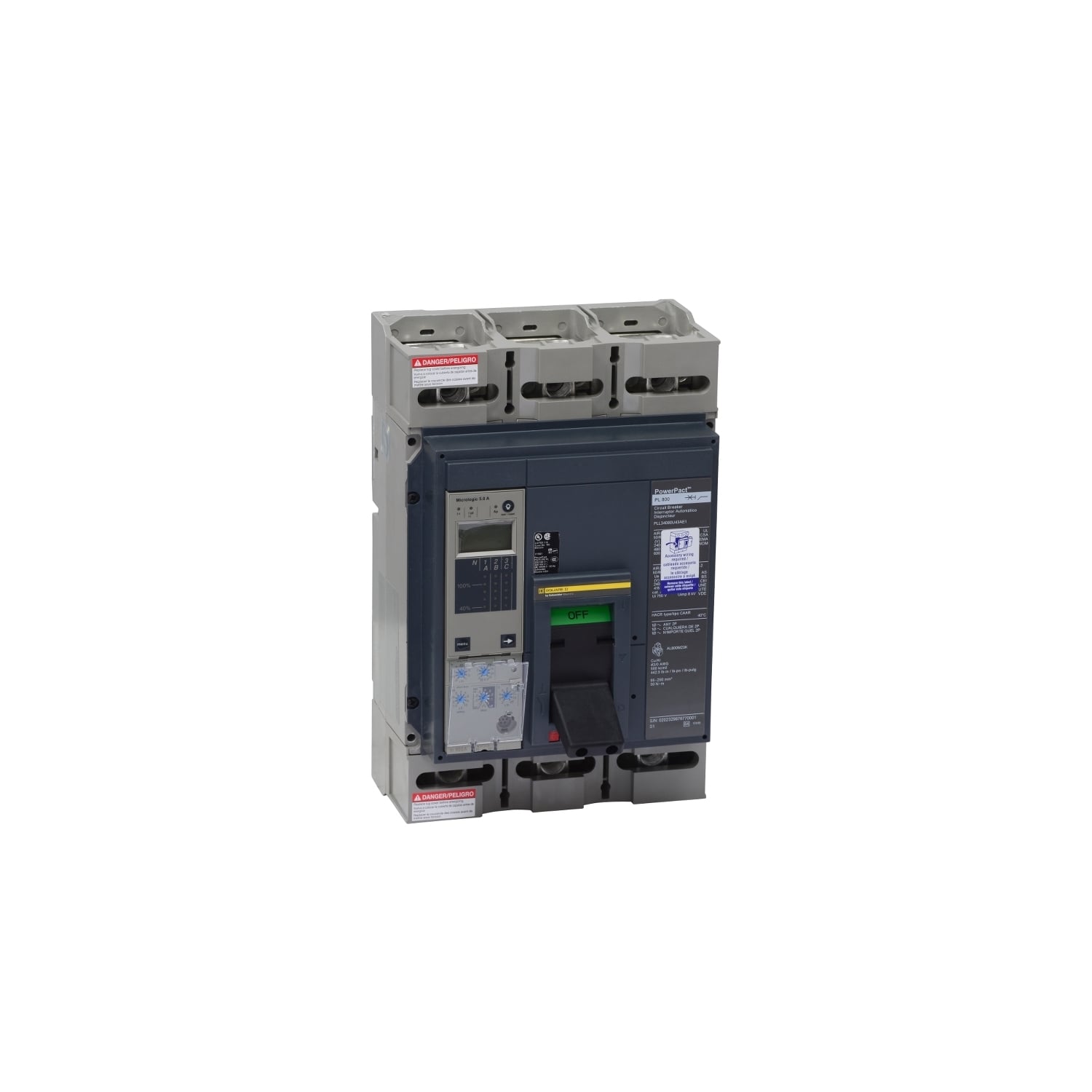 PJL36080CU43A PowerPact MasterPact Type PJL Molded Case Circuit Breaker, 600 V AC, 800 A, 65/25/100 kA Interrupt, 3 Poles, Electronic Trip