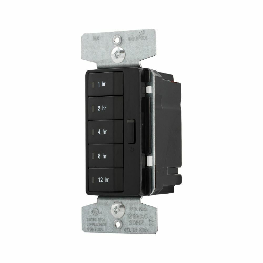 Eaton Accell hour timer, 1, 2, 4, 8, 12 hour default time settings, 15A, 120V, Wire leads, Five button, Black, Load type: Incandescent, halogen, MLV, ELV, fluorescent, CFL, LED, Single-pole, Polycarbonate, 1800W