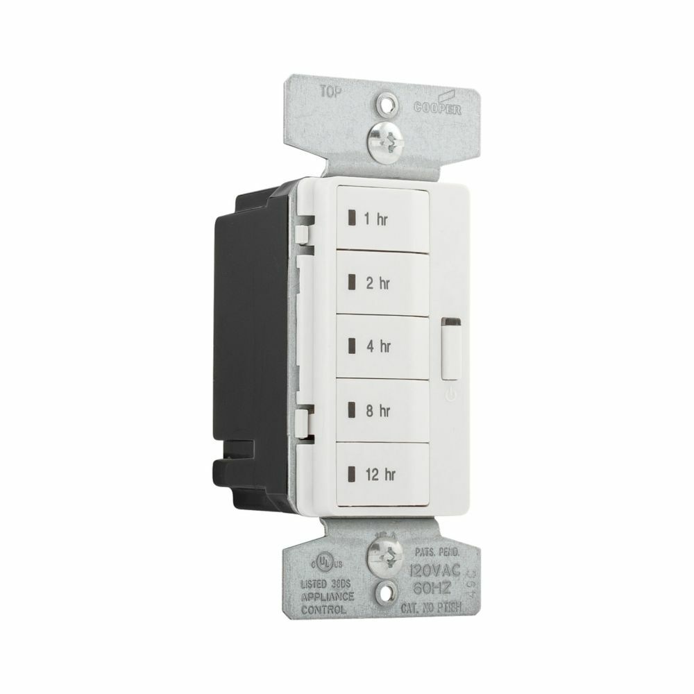 Eaton Accell hour timer, 1, 2, 4, 8, 12 hour default time settings, 15A, 120V, Wire leads, Five button, White, Load type: Incandescent, halogen, MLV, ELV, fluorescent, CFL, LED, Single-pole, Polycarbonate, 1800W