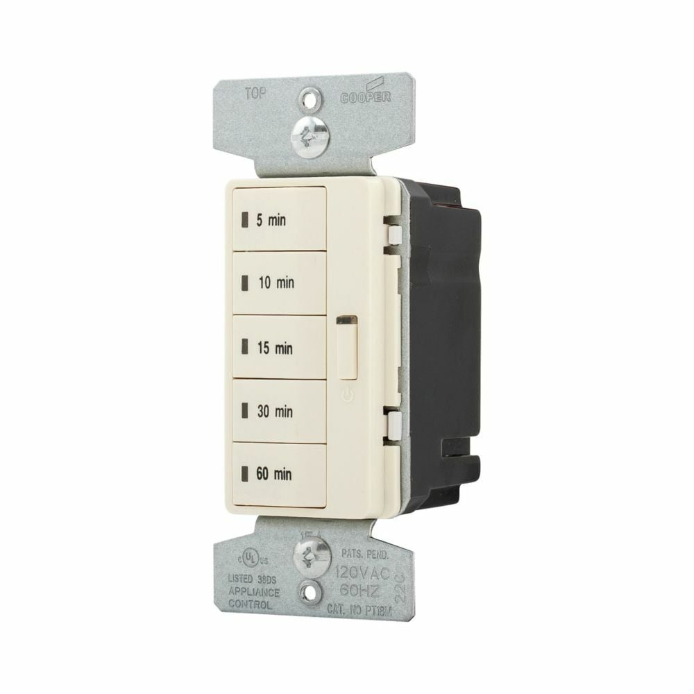 Eaton Accell minute timer, 5, 10, 15, 30, and 60 minute default time settings, 15A, 120V, Wire leads, Five button, Almond, Load type: Incandescent, halogen, MLV, ELV, fluorescent, CFL, LED, Single-pole, Polycarbonate, 1800W
