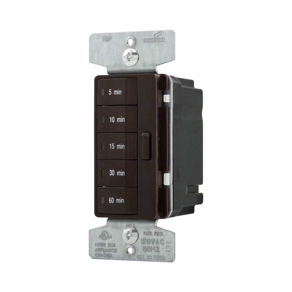 Eaton Accell minute timer, 5, 10, 15, 30, and 60 minute default time settings, 15A, 120V, Wire leads, Five button, Brown, Load type: Incandescent, halogen, MLV, ELV, fluorescent, CFL, LED, Single-pole, Polycarbonate, 1800W