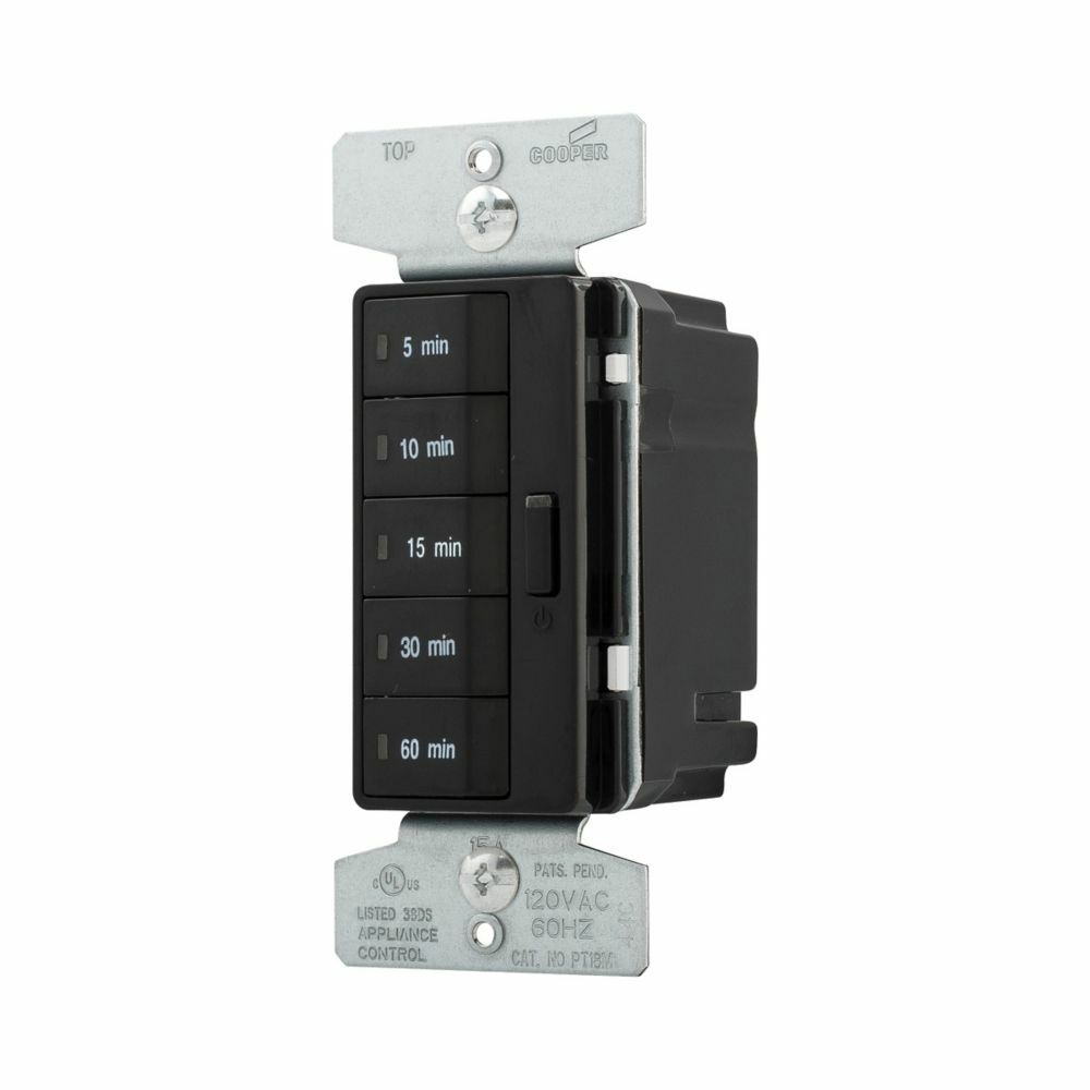 Eaton Accell minute timer, 5, 10, 15, 30, and 60 minute default time settings, 15A, 120V, Wire leads, Five button, Black, Load type: Incandescent, halogen, MLV, ELV, fluorescent, CFL, LED, Single-pole, Polycarbonate, 1800W